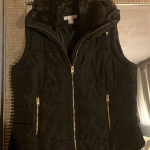 Dark Black with  Black Piping Faux Fur Collar Vest